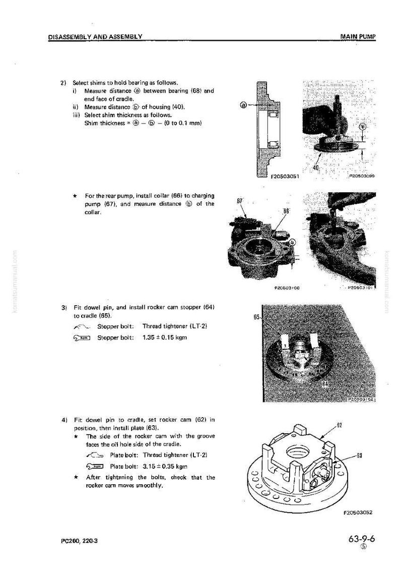 May include: Diagram from a manual showing the disassembly and assembly of a main pump. The image includes detailed illustrations of various components, including rocker cams, stoppers, and plates, with measurements and instructions for assembly.