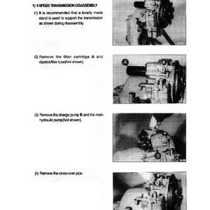 May include: A page from a manual detailing the disassembly and assembly of a 4-speed transmission. The text includes instructions and diagrams for removing parts like the filter cartridge and charge pump.