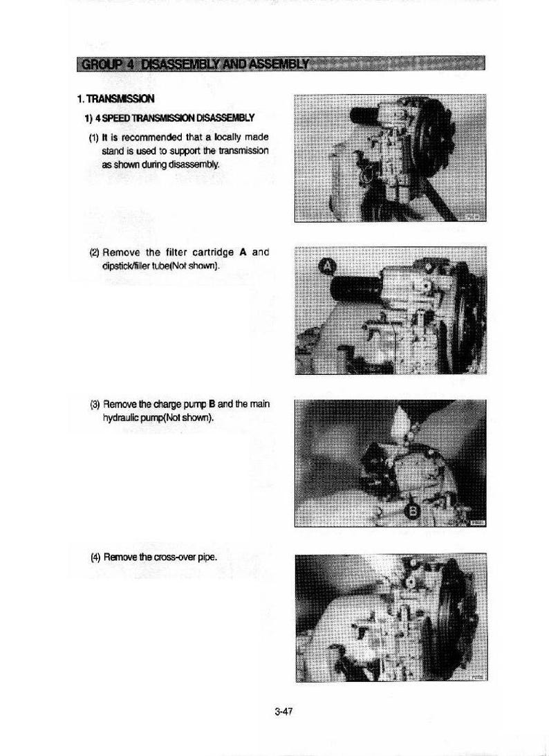 May include: A page from a manual detailing the disassembly and assembly of a 4-speed transmission. The text includes instructions and diagrams for removing parts like the filter cartridge and charge pump.