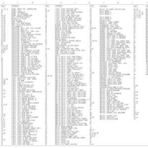 Peut inclure: Un sch&eacute;ma &eacute;lectrique d&eacute;taill&eacute;, pr&eacute;sentant une liste compl&egrave;te de composants, de feuilles et de num&eacute;ros correspondants. Le document est en noir et blanc, avec du texte et des &eacute;tiquettes dispos&eacute;s en colonnes et en lignes.