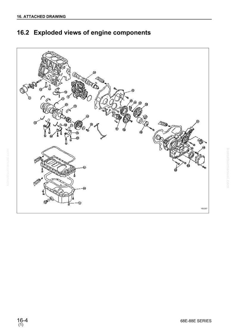 May include: Detailed black and white diagram of engine components, labeled as "16.2 Exploded views of engine components." The drawing includes various parts like the engine block, crankshaft, and other mechanical elements. The image is from the 68E-88E series.