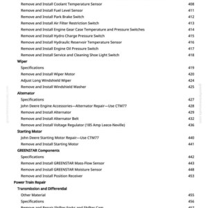 Op de afbeelding: Een pagina met een witte achtergrond met een lijst van mechanische reparatieprocedures, waaronder sensorinstallatie, motoronderdelen en ruitenwissers. De tekst is georganiseerd met genummerde secties en subkoppen.