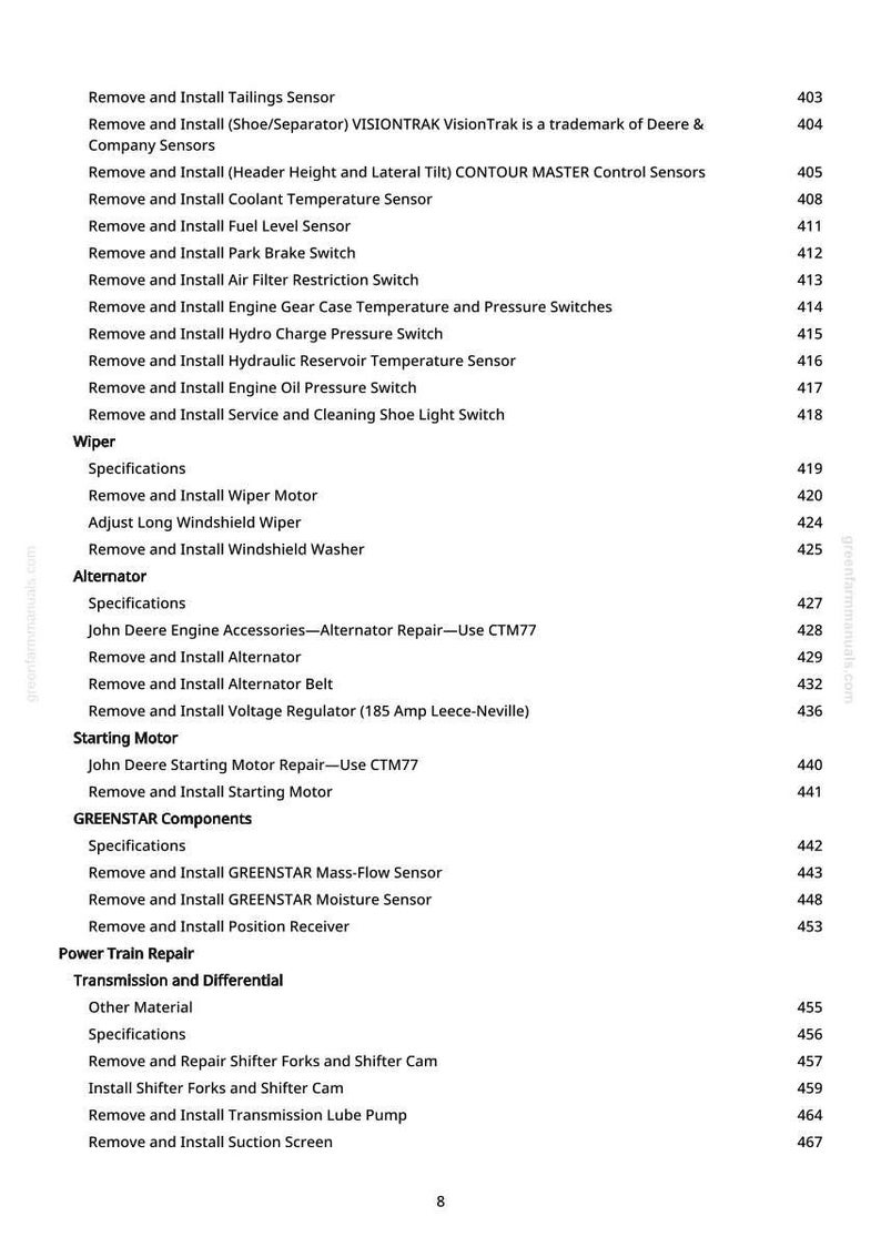 Op de afbeelding: Een pagina met een witte achtergrond met een lijst van mechanische reparatieprocedures, waaronder sensorinstallatie, motoronderdelen en ruitenwissers. De tekst is georganiseerd met genummerde secties en subkoppen.