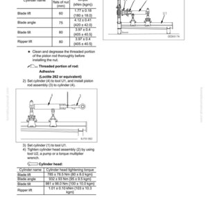 Op de afbeelding: Technische tekening met details over demontage en montage van een hydraulisch systeem. Inclusief tabellen met aanhaalmomenten in kNm en kgm, en diagrammen van de zuigermoer en cilinderkop.