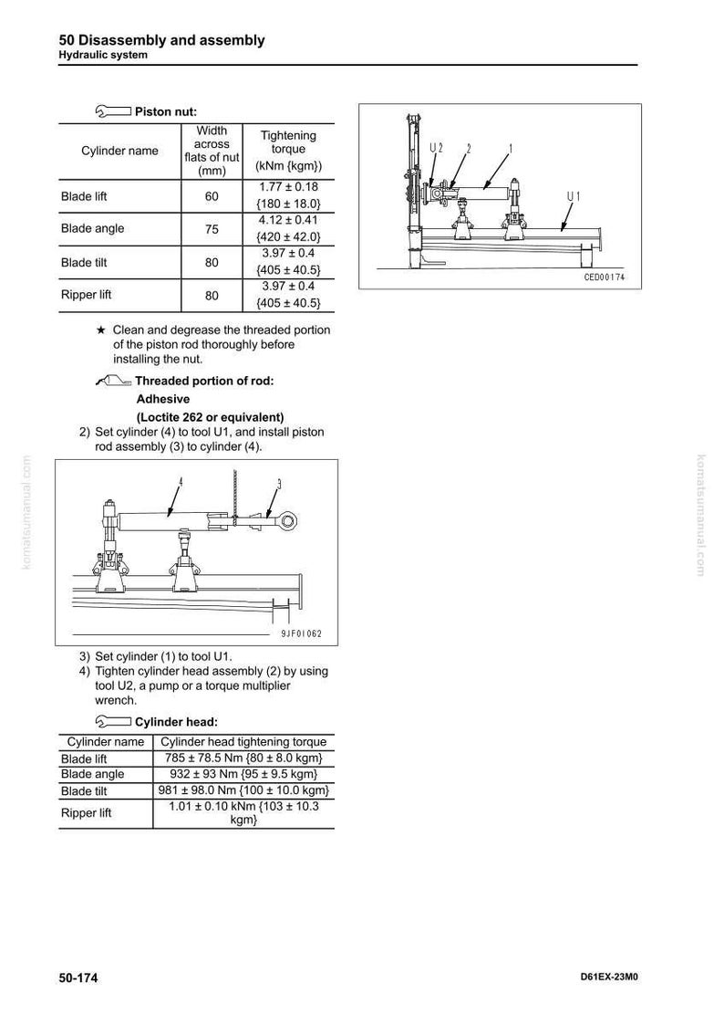 Op de afbeelding: Technische tekening met details over demontage en montage van een hydraulisch systeem. Inclusief tabellen met aanhaalmomenten in kNm en kgm, en diagrammen van de zuigermoer en cilinderkop.