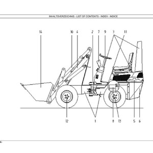May include: Line drawing of a small front-end loader with numbered parts. The loader has a bucket, wheels, and a cab. The text at the top reads "INHALTSVERZEICHNIS - LIST OF CONTENTS - INDEX - INDICE".