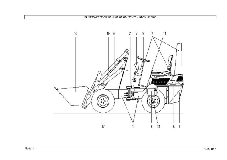May include: Line drawing of a small front-end loader with numbered parts. The loader has a bucket, wheels, and a cab. The text at the top reads "INHALTSVERZEICHNIS - LIST OF CONTENTS - INDEX - INDICE".