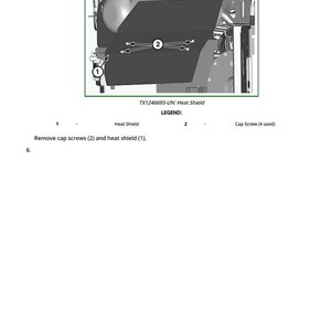 K&ouml;nnte beinhalten: Diagramm eines Hitzeschilds mit Zylinderschrauben, beschriftet mit Zahlen und Pfeilen. Der Text "TX1246693-UN: Heat Shield" steht oben, mit einer Legende, die die Teile angibt. Anweisungen zum Entfernen der Schrauben und des Hitzeschilds sind enthalten.