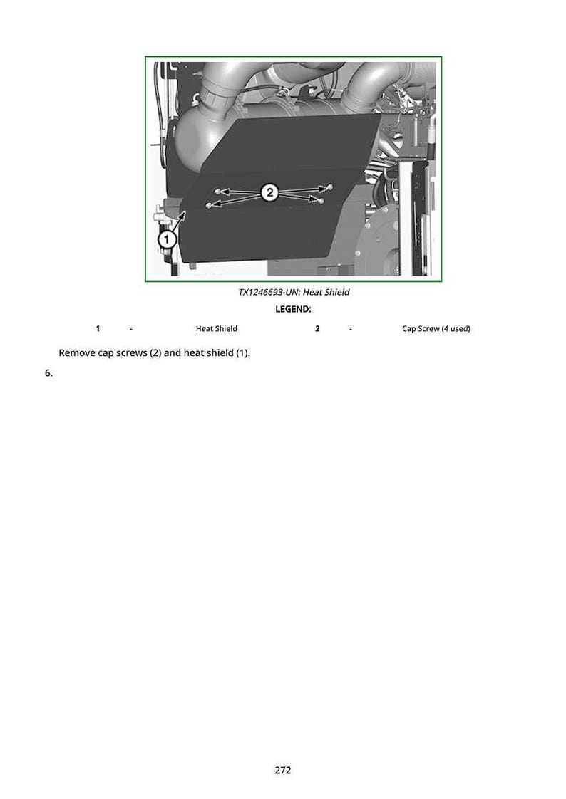 K&ouml;nnte beinhalten: Diagramm eines Hitzeschilds mit Zylinderschrauben, beschriftet mit Zahlen und Pfeilen. Der Text "TX1246693-UN: Heat Shield" steht oben, mit einer Legende, die die Teile angibt. Anweisungen zum Entfernen der Schrauben und des Hitzeschilds sind enthalten.