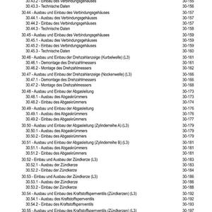 Puede incluir: Una tabla de contenidos detallada de un manual t&eacute;cnico, que enumera varios procedimientos y sus n&uacute;meros de p&aacute;gina correspondientes. El texto est&aacute; en alem&aacute;n y cubre temas como componentes del motor y sistemas de combustible.