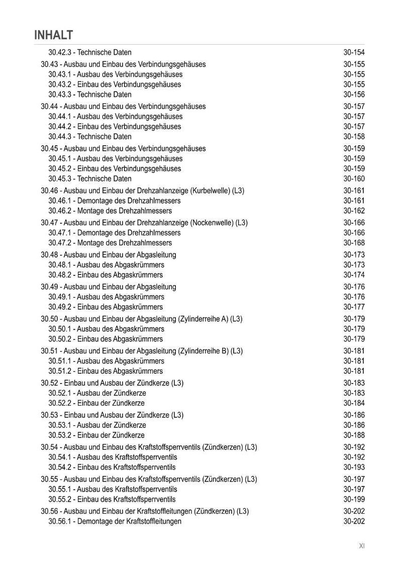 Puede incluir: Una tabla de contenidos detallada de un manual t&eacute;cnico, que enumera varios procedimientos y sus n&uacute;meros de p&aacute;gina correspondientes. El texto est&aacute; en alem&aacute;n y cubre temas como componentes del motor y sistemas de combustible.