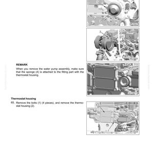 Pode incluir: Diagrama de componentes do motor com instru&ccedil;&otilde;es de desmontagem e montagem. Inclui imagens do conjunto da bomba de &aacute;gua e da carca&ccedil;a do termostato, com parafusos e pe&ccedil;as numeradas. O texto diz "DESMONTAR E MONTAR O MOTOR GERALMENTE".