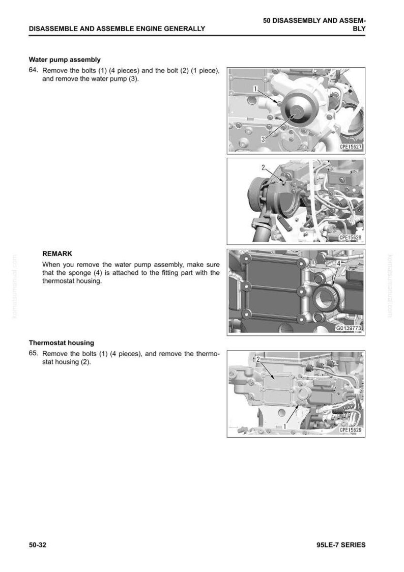 Pode incluir: Diagrama de componentes do motor com instru&ccedil;&otilde;es de desmontagem e montagem. Inclui imagens do conjunto da bomba de &aacute;gua e da carca&ccedil;a do termostato, com parafusos e pe&ccedil;as numeradas. O texto diz "DESMONTAR E MONTAR O MOTOR GERALMENTE".