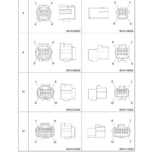 May include: Diagram of electrical connectors, including receptacle and plug connectors, with varying pin numbers (6, 8, 10, and 12). Each connector is labeled with a part number, such as S816-006002.