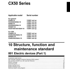 May include: Shop manual page for a CX50 Series forklift truck. The document includes a list of applicable models and serial numbers, along with a section on electric devices, including the accelerator pedal sensor and engine starting circuit.