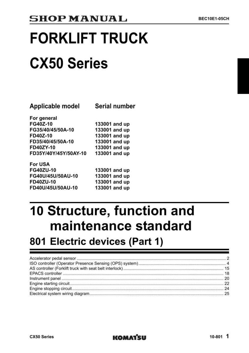 May include: Shop manual page for a CX50 Series forklift truck. The document includes a list of applicable models and serial numbers, along with a section on electric devices, including the accelerator pedal sensor and engine starting circuit.