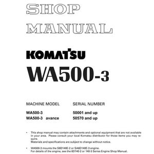 K&ouml;nnte beinhalten: Ein wei&szlig;es Werkstatthandbuch mit dem Komatsu-Logo und Informationen zum Modell WA500-3. Das Handbuch enth&auml;lt Details zu Maschinenmodellen, Seriennummern und Motorspezifikationen. Gedruckt in Japan.