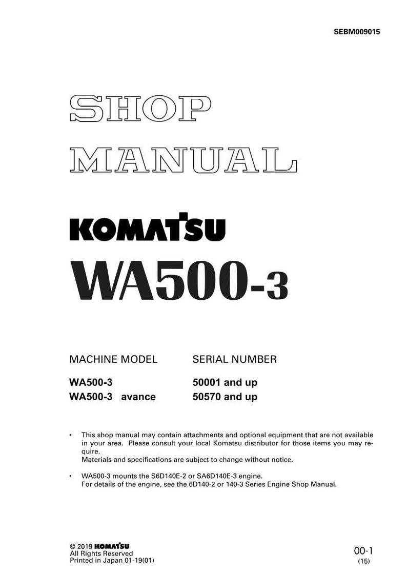 K&ouml;nnte beinhalten: Ein wei&szlig;es Werkstatthandbuch mit dem Komatsu-Logo und Informationen zum Modell WA500-3. Das Handbuch enth&auml;lt Details zu Maschinenmodellen, Seriennummern und Motorspezifikationen. Gedruckt in Japan.