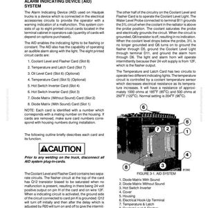 K&ouml;nnte beinhalten: Diagramm eines 24VDC-Elektrosystems, der Alarmmeldeeinrichtung (AID), mit detaillierter Aufschl&uuml;sselung der Komponenten. Enth&auml;lt einen Warnhinweis und eine Abbildung, die die Teile des Systems veranschaulicht.