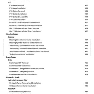 K&ouml;nnte beinhalten: Eine Seite aus einem greenfarmmanuals.com-Handbuch mit Auflistung von Kfz-Reparaturverfahren. Themen sind Hinterachse, Zapfwelle, Lenkung, Bremse und Hydraulikreparaturen, mit Seitenzahlen.