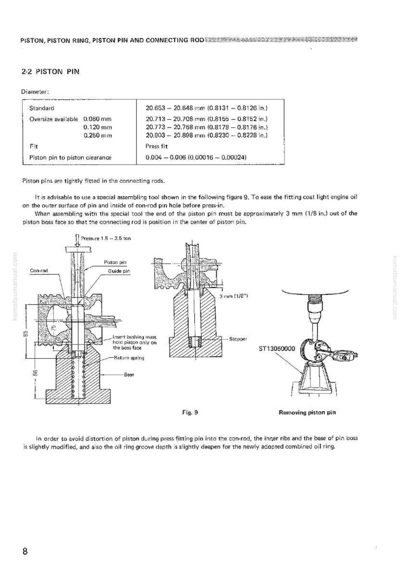 May include: Technical diagram detailing piston pin specifications and assembly instructions. Includes measurements in inches and millimeters, along with diagrams illustrating the fitting process and tool usage. Features text and illustrations.