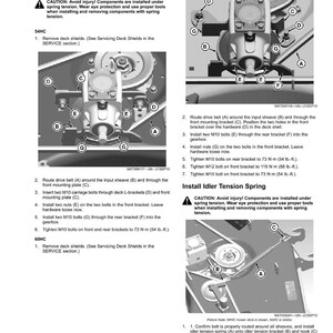 May include: Diagram of a gearbox assembly with detailed instructions and labeled parts. Includes warnings about spring tension and eye protection. Features bolts, brackets, and a drive belt, with measurements in lb.-ft. and inches.