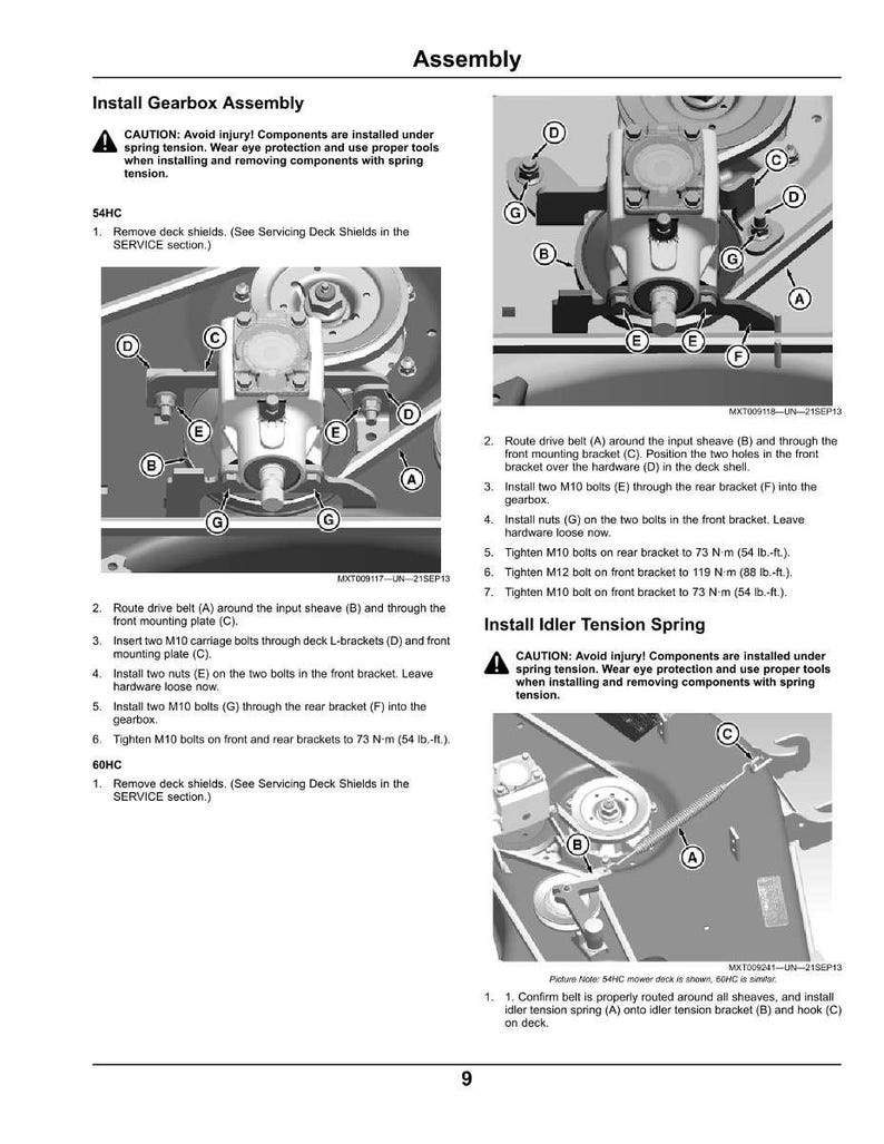 May include: Diagram of a gearbox assembly with detailed instructions and labeled parts. Includes warnings about spring tension and eye protection. Features bolts, brackets, and a drive belt, with measurements in lb.-ft. and inches.