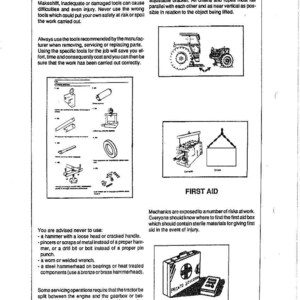 May include: A page from a manual with safety regulations and instructions for tools and equipment. Includes illustrations of machinery, tools, and a first aid kit. Text includes warnings about using damaged tools and the importance of first aid.