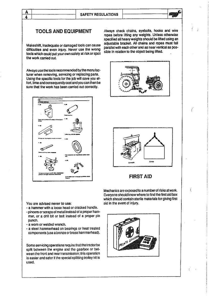 May include: A page from a manual with safety regulations and instructions for tools and equipment. Includes illustrations of machinery, tools, and a first aid kit. Text includes warnings about using damaged tools and the importance of first aid.