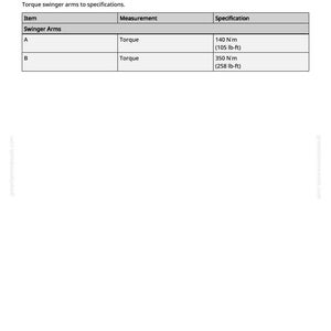 Peut inclure: Document blanc avec un tableau d&eacute;taillant les sp&eacute;cifications de couple pour les bras oscillants. Le tableau comprend des mesures de 140 N&sdot;m (105 lb-ft) et 350 N&sdot;m (258 lb-ft). Des instructions textuelles sont &eacute;galement incluses.
