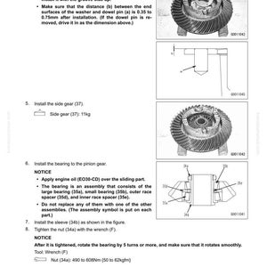 May include: Diagram from a manual showing the disassembly and assembly of a differential assembly. Includes illustrations of parts like washers, side gears, and bearings, with measurements and instructions for installation.