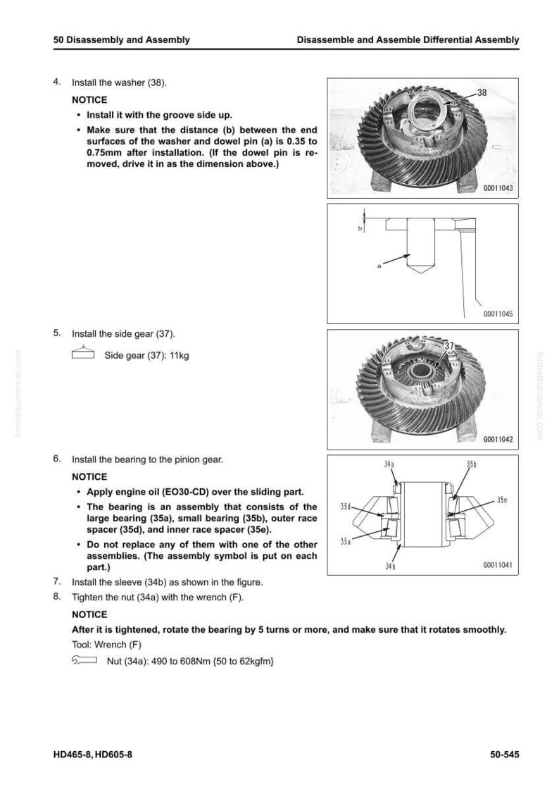 May include: Diagram from a manual showing the disassembly and assembly of a differential assembly. Includes illustrations of parts like washers, side gears, and bearings, with measurements and instructions for installation.