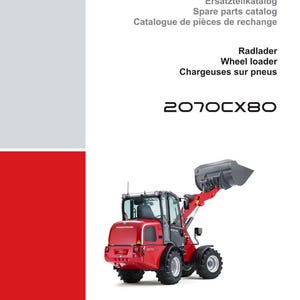 May include: A red and black Weidemann wheel loader, model 2070CX80, with a raised bucket. The image includes text in English, German, and French, including "Spare parts catalog" and "Wheel loader."