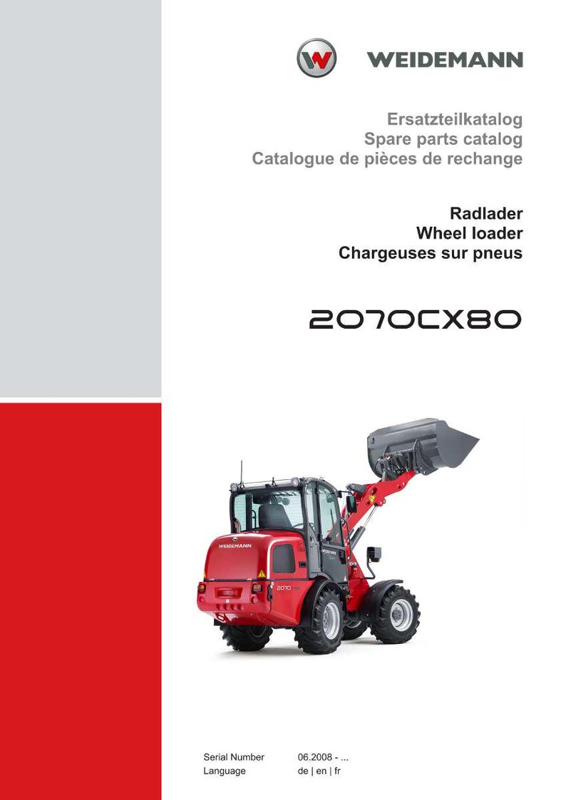 May include: A red and black Weidemann wheel loader, model 2070CX80, with a raised bucket. The image includes text in English, German, and French, including "Spare parts catalog" and "Wheel loader."