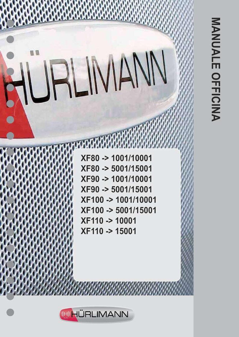 K&ouml;nnte beinhalten: Ein silbernes und wei&szlig;es H&uuml;rlimann-Logo auf einem perforierten Metallhintergrund. Das Bild enth&auml;lt eine Liste von Modellnummern und ein rotes Dreieck. Der Text "MANUALE OFFICINA" befindet sich rechts.