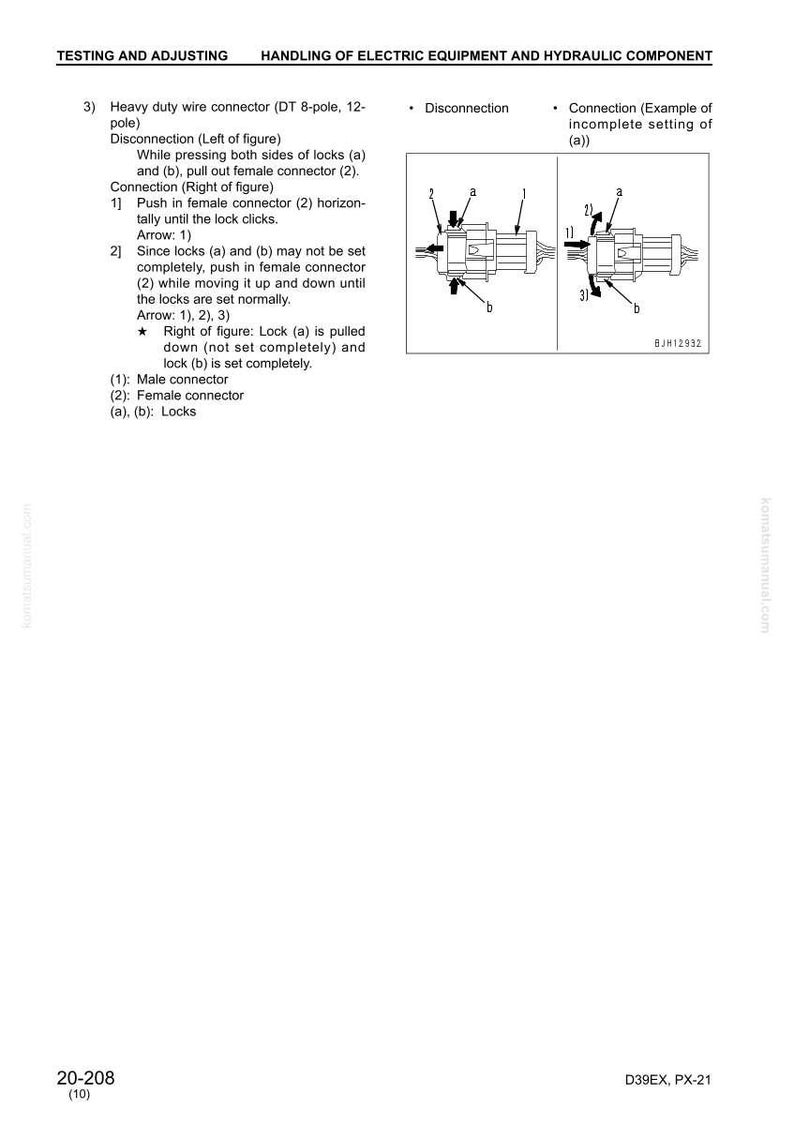 May include: Diagram illustrating the handling of electric equipment and hydraulic components. The image shows a heavy-duty wire connector with instructions for disconnection and connection, including diagrams and labels for male and female connectors and locks.