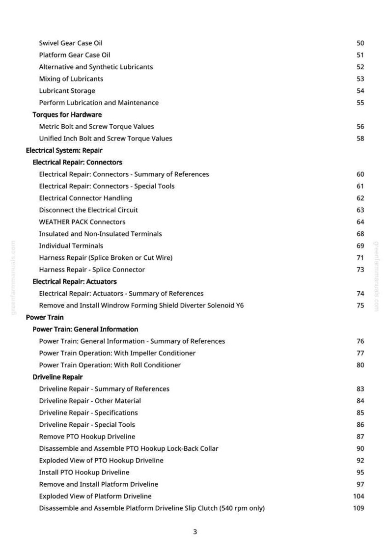 May include: A page from a manual with a table of contents. The headings include "Swivel Gear Case Oil", "Torques for Hardware", "Electrical System: Repair", and "Power Train". The page number is 3.