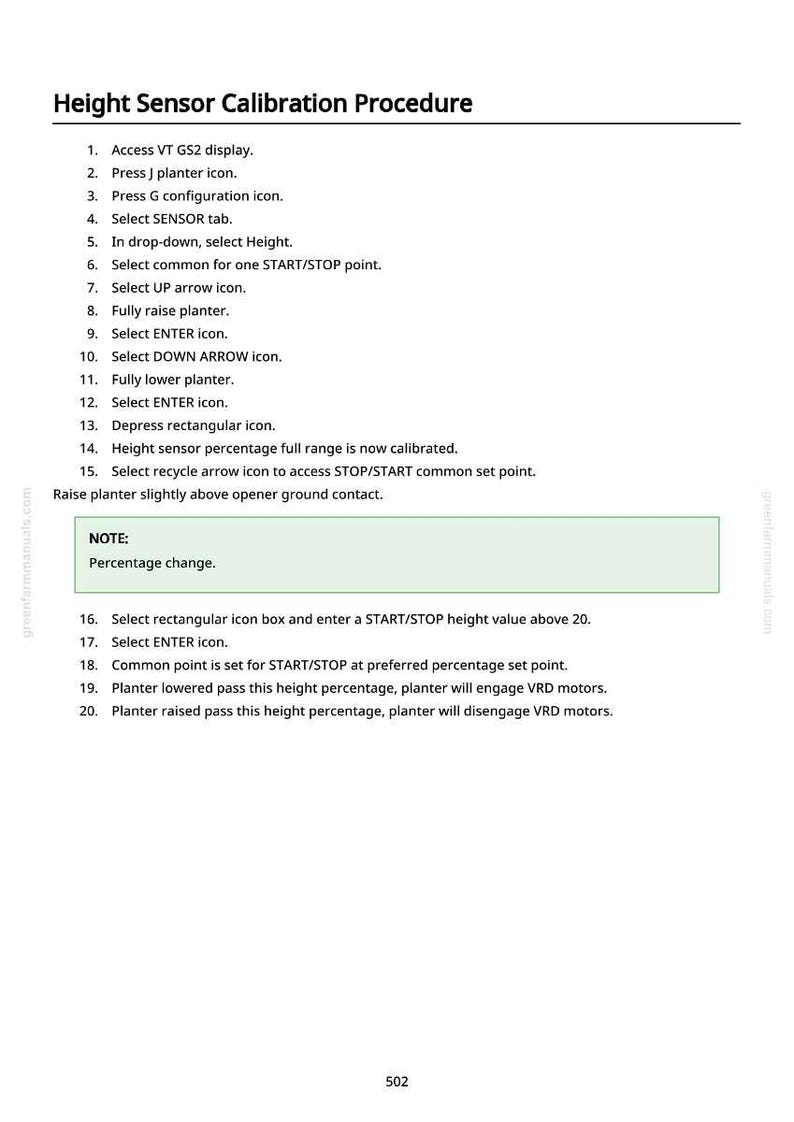 Puede incluir: Una p&aacute;gina blanca con el t&iacute;tulo "Procedimiento de calibraci&oacute;n del sensor de altura" y pasos numerados para la calibraci&oacute;n. El texto incluye instrucciones para acceder a las pantallas, seleccionar iconos y ajustar la configuraci&oacute;n. Tambi&eacute;n se incluye una nota sobre el cambio porcentual.