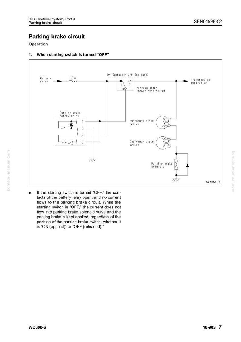 May include: Diagram of a parking brake circuit, detailing electrical components like relays, switches, and a solenoid. The text explains the circuit's operation when the starting switch is off. Includes measurements in amps.