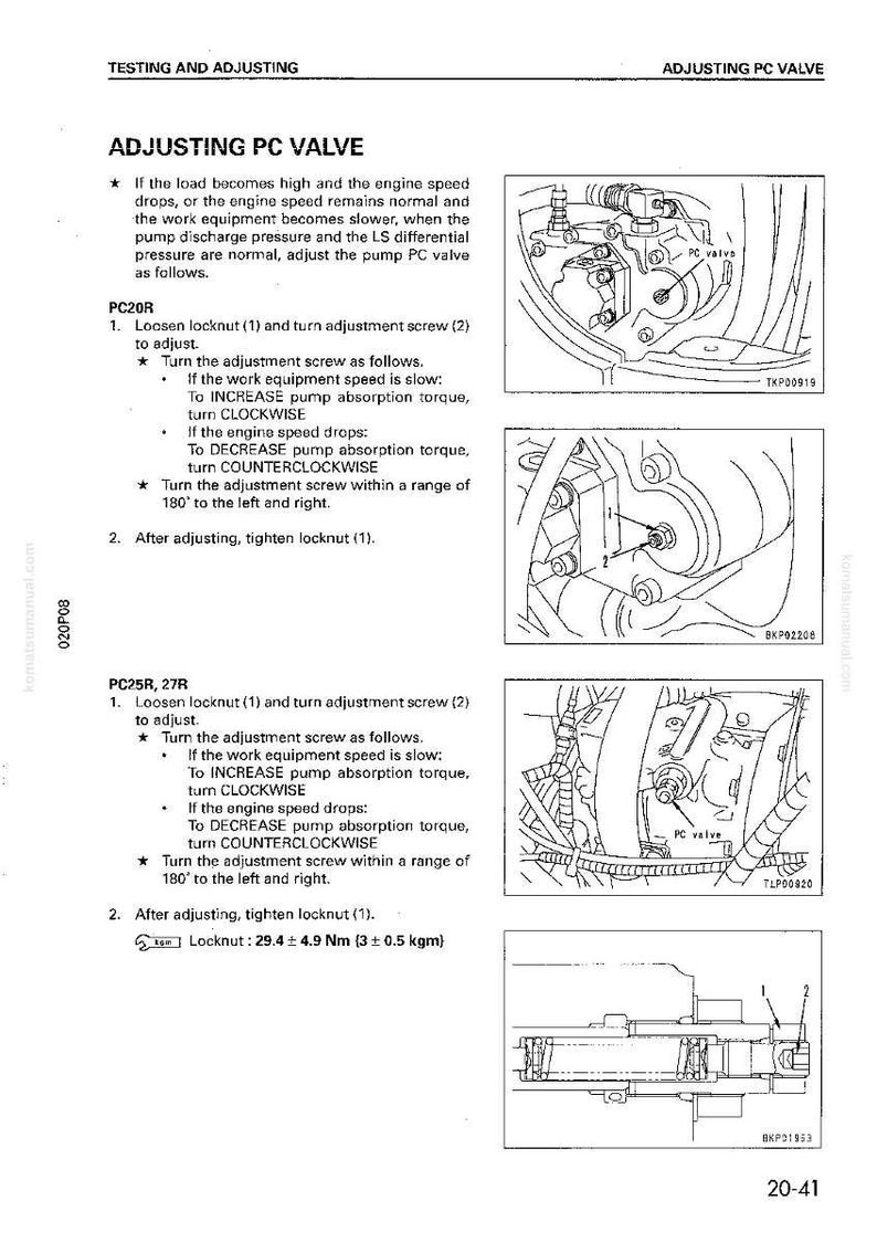 Pu&ograve; includere: Un diagramma tecnico da un manuale che descrive il processo di regolazione di una valvola PC. Il diagramma include illustrazioni dei componenti della valvola, istruzioni di regolazione e specifiche di coppia. Il testo include istruzioni per i modelli PC20R e PC25R, 27R.