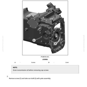 May include: Diagram of a transmission with labels A and B, and the text "Remove and Install Hand Brake Liners (If Equipped)". The diagram includes the text "Drain transmission oil before removing cap screws".