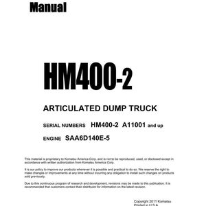 May include: A white shop manual titled "Shop Manual" with the text "HM400-2 ARTICULATED DUMP TRUCK." Includes serial numbers and engine specifications. Copyright 2011 Komatsu, printed in the U.S.A.