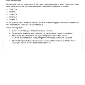 May include: A diagnostic document with the title "ECU 003719.00 - Calculated Soot Level Extremely High." The text explains diesel particulate filter issues, diagnostic codes, and troubleshooting steps. Includes a list of ECU codes and instructions for checking the fuel pressure sensor.