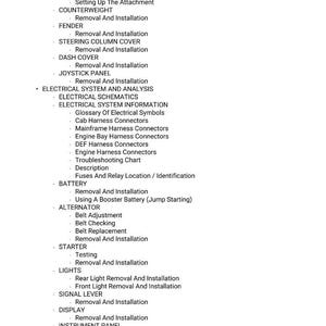 May include: A detailed list of procedures and components, including removal and installation instructions for various parts like the attachment carrier, fender, and joystick panel. The text is in black font.