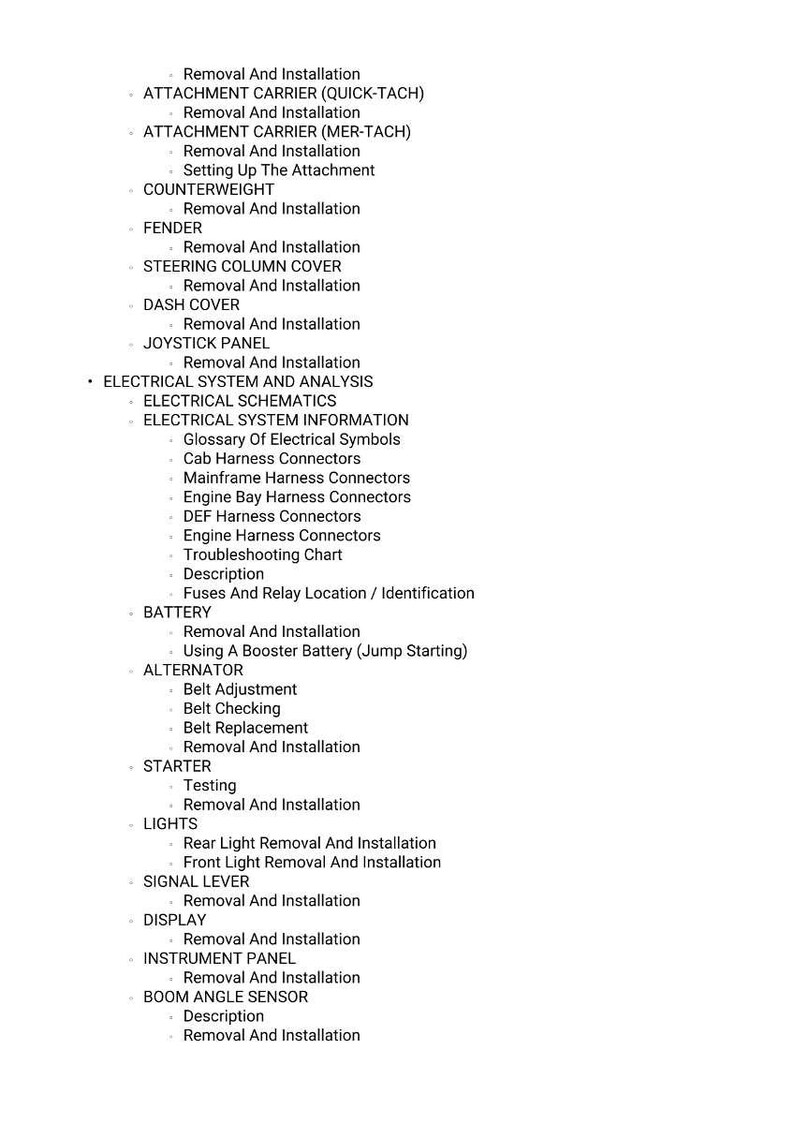 May include: A detailed list of procedures and components, including removal and installation instructions for various parts like the attachment carrier, fender, and joystick panel. The text is in black font.