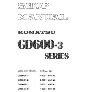 Pu&ograve; includere: Manuale d'officina bianco per macchine Komatsu GD600-3 Series. La copertina presenta il titolo "SHOP MANUAL" in grassetto, con il logo Komatsu e le informazioni sul modello. Include un elenco di modelli di macchine e numeri di serie.