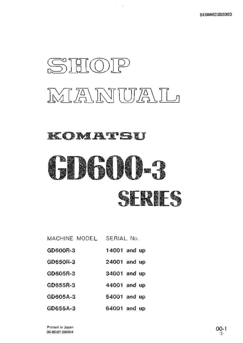 Pu&ograve; includere: Manuale d'officina bianco per macchine Komatsu GD600-3 Series. La copertina presenta il titolo "SHOP MANUAL" in grassetto, con il logo Komatsu e le informazioni sul modello. Include un elenco di modelli di macchine e numeri di serie.