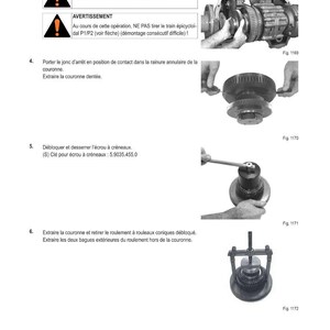 Op de afbeelding: Technische tekening met instructies voor mechanische interventie. Bevat afbeeldingen van tandwielen, gereedschap en waarschuwingen. De tekst beschrijft de stappen voor het demonteren en weer in elkaar zetten van mechanische componenten.