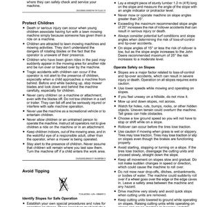May include: A safety guide with text and bullet points, advising on safe lawnmower operation. Topics include protecting children, avoiding tipping, and safe slope operation. Includes a warning symbol.