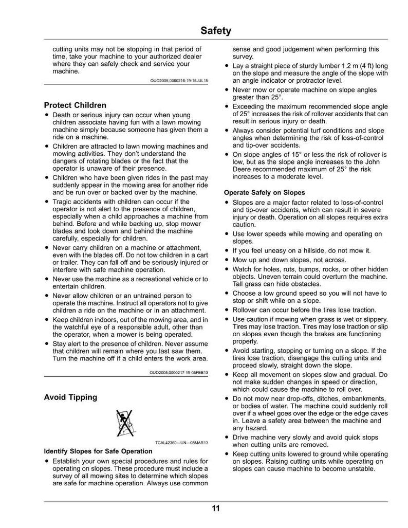 May include: A safety guide with text and bullet points, advising on safe lawnmower operation. Topics include protecting children, avoiding tipping, and safe slope operation. Includes a warning symbol.